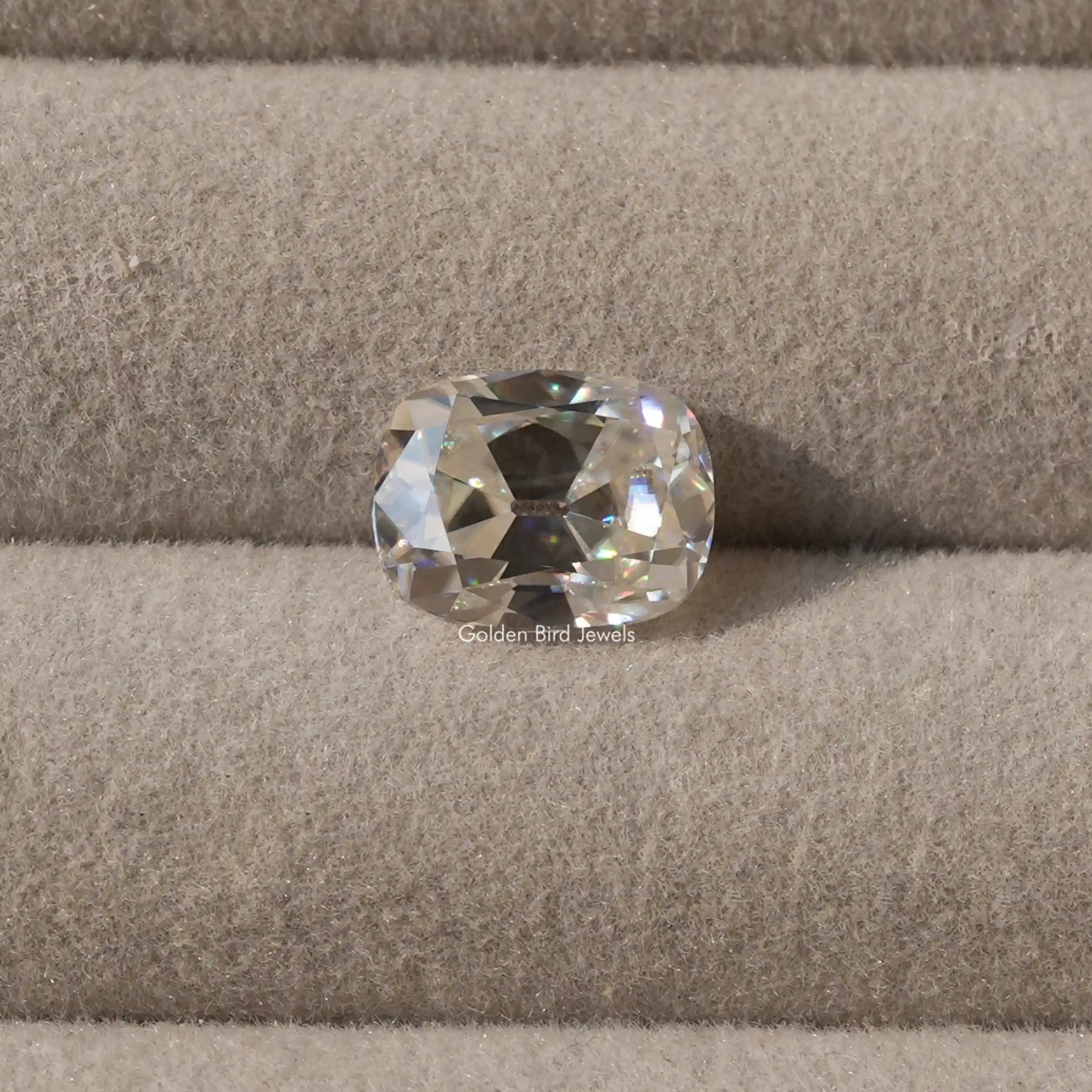 [Front view of moissanite cushion cut loose stone crafted with near colorless]-[Golden Bird Jewels]