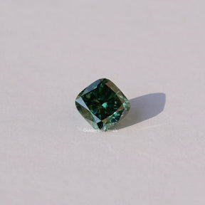 [Front view of dark green cushion cut loose moissanite]-[Golden Bird Jewels]