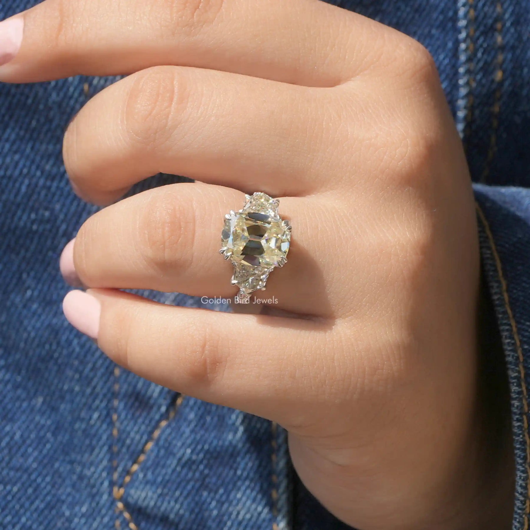 [In finger front view of old mine cushion cut moissanite ring]-[Golden Bird Jewels]