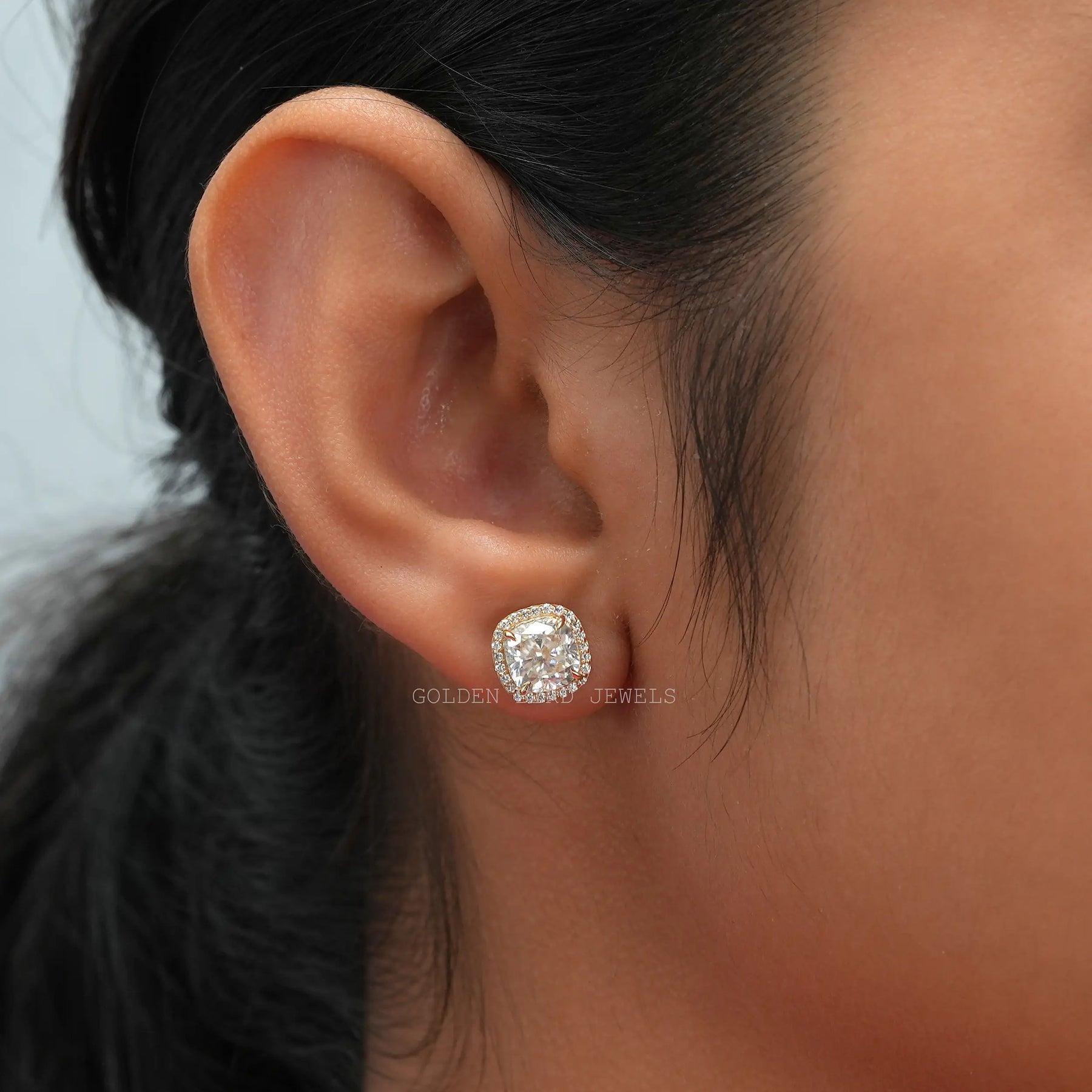[This cushion cut moissanite stud earrings made of side round cut stones]-[Golden Bird Jewels]