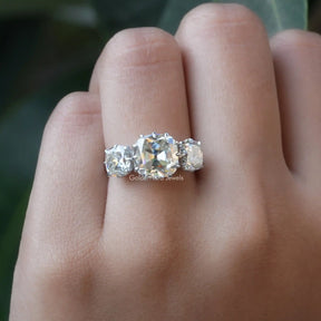 [Cushion cut three stone moissanite engagement ring made of 14k white gold]-[Golden Bird Jewels]