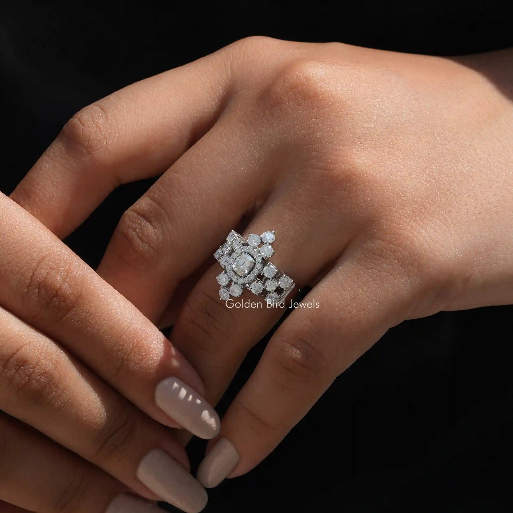 [In finger front view of cushion cut vintage style ring]-[Golden Bird Jewels]