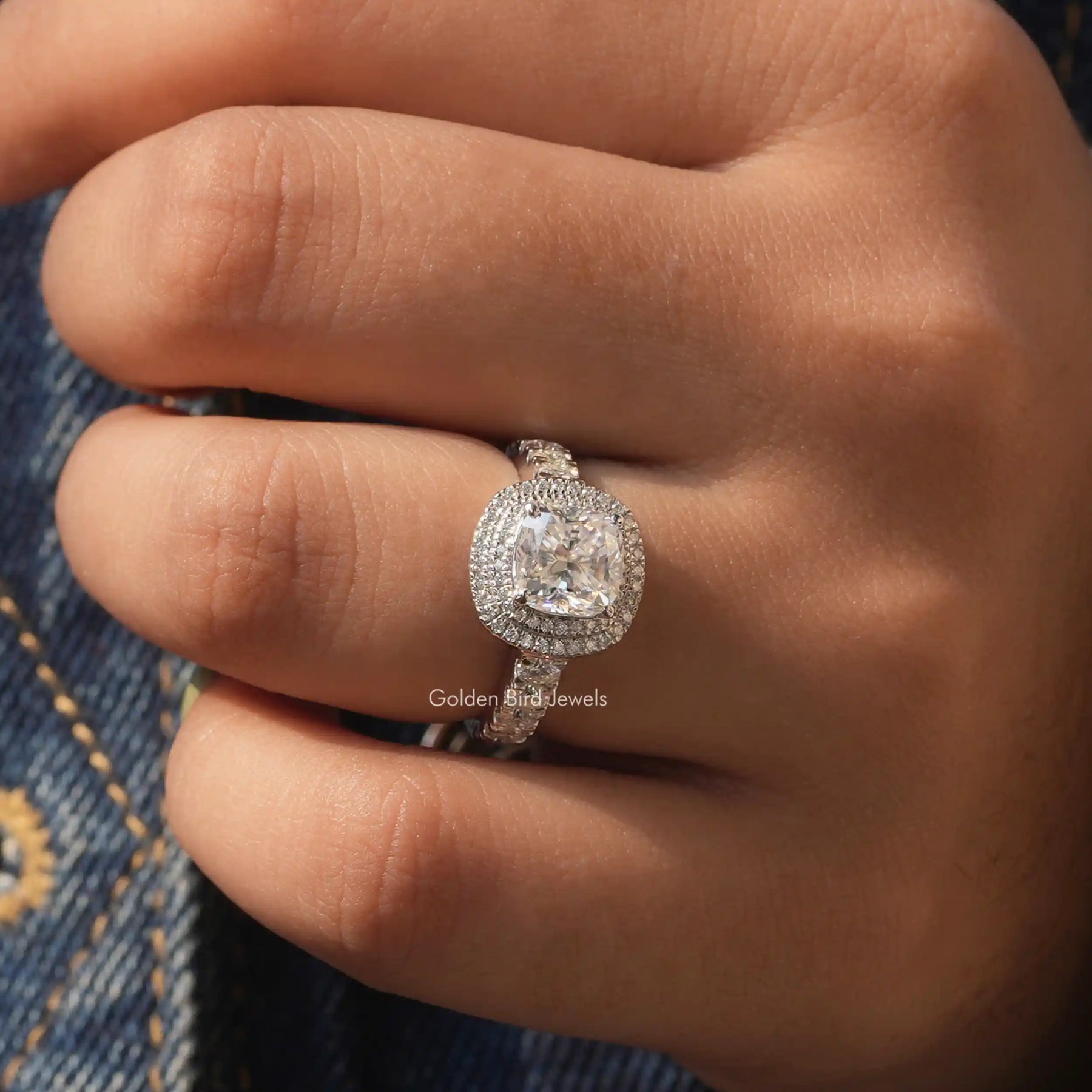 Cushion Cut Moissanite Double Halo Engagement Ring