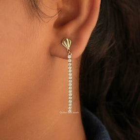 [In ear front view of round cut moissanite drop earrings]-[Golden Bird Jewels]