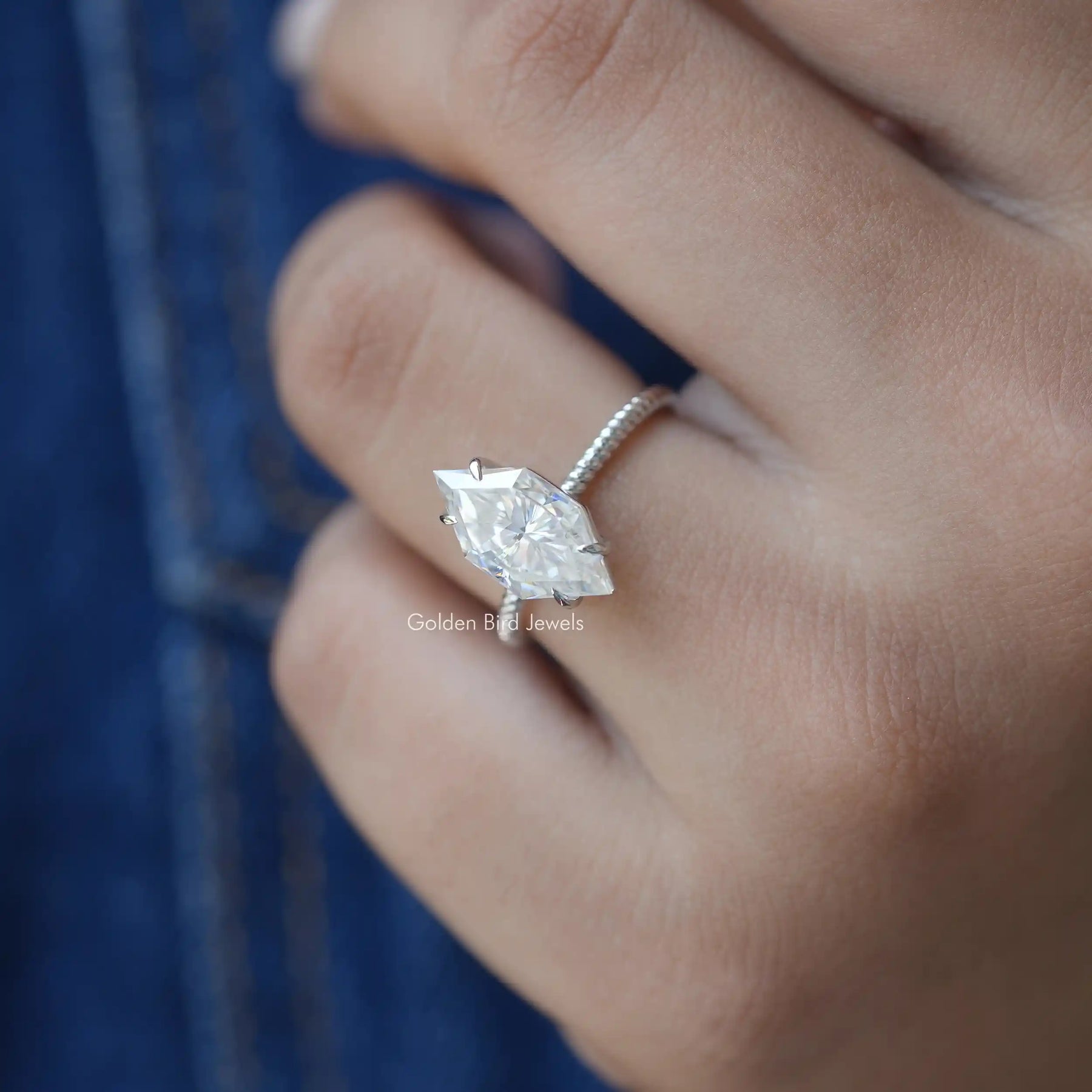 [18k white gold marquise cut ring made with VVS clarity moissanite]-[Golden Bird Jewels]