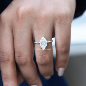 [In finger front view of dutch marquise cut moissanite engagement ring set in prong setting]-[Golden Bird Jewels]