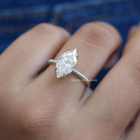 [In finger front view of dutch marquise cut moissanite engagement ring made of four prongs setting]-[Golden Bird Jewels]
