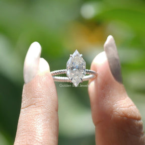 [In two finger front view of moissanite dutch marquise cut engagement ring made in 18k whie gold]-[Golden Bird Jewels]