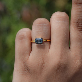 East West Old Mine Emerald Moissanite Solitaire Ring
