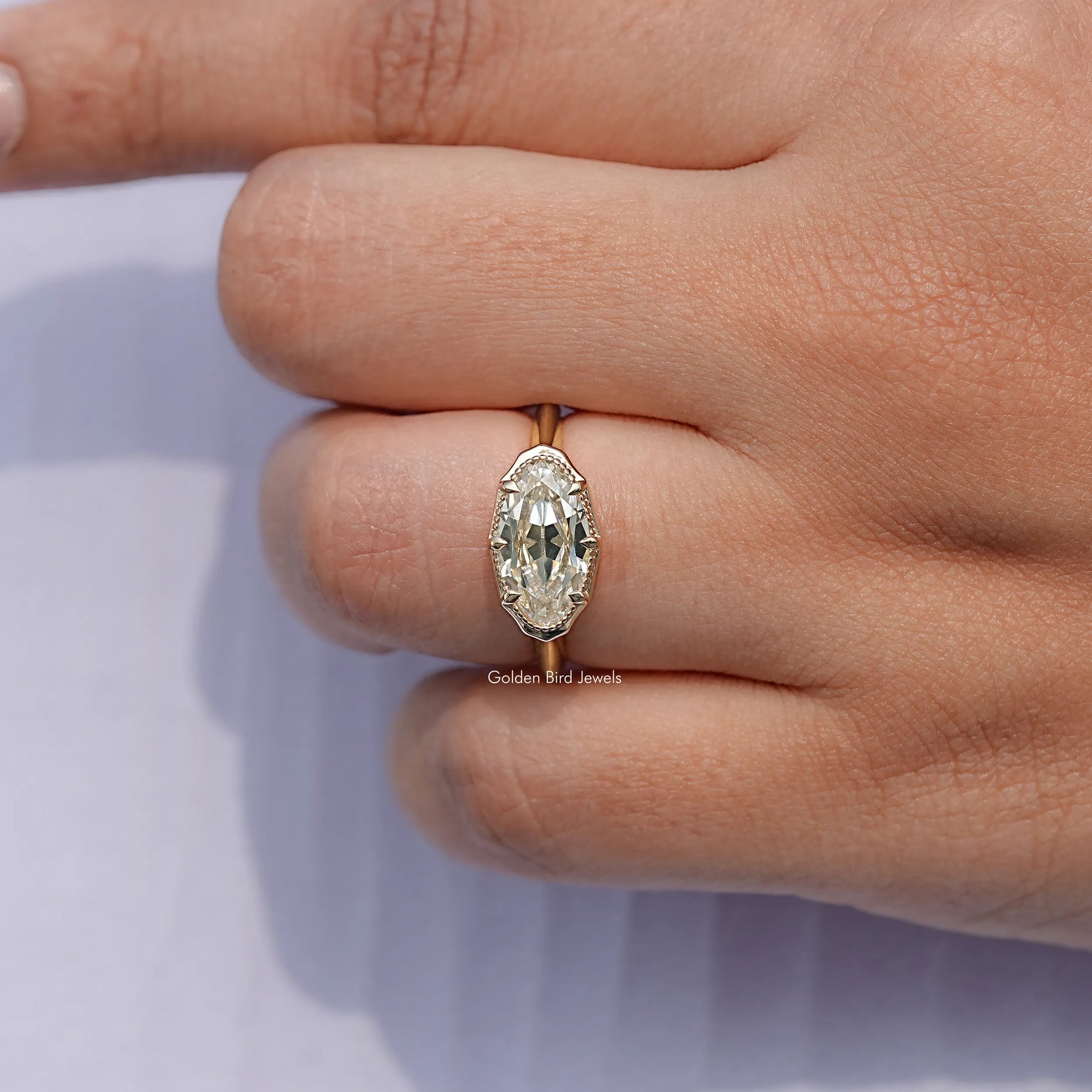 East West Old Mine Moval Moissanite Solitaire Ring