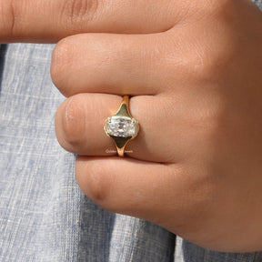 Close-Up View of Old Mine Cushion Cut Moissanite Ring In Yellow Gold