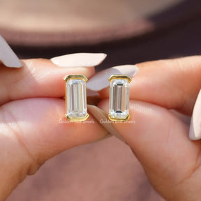 [Front view of colorless emerald cut moissanite earrings]-[Golden Bird Jewels]