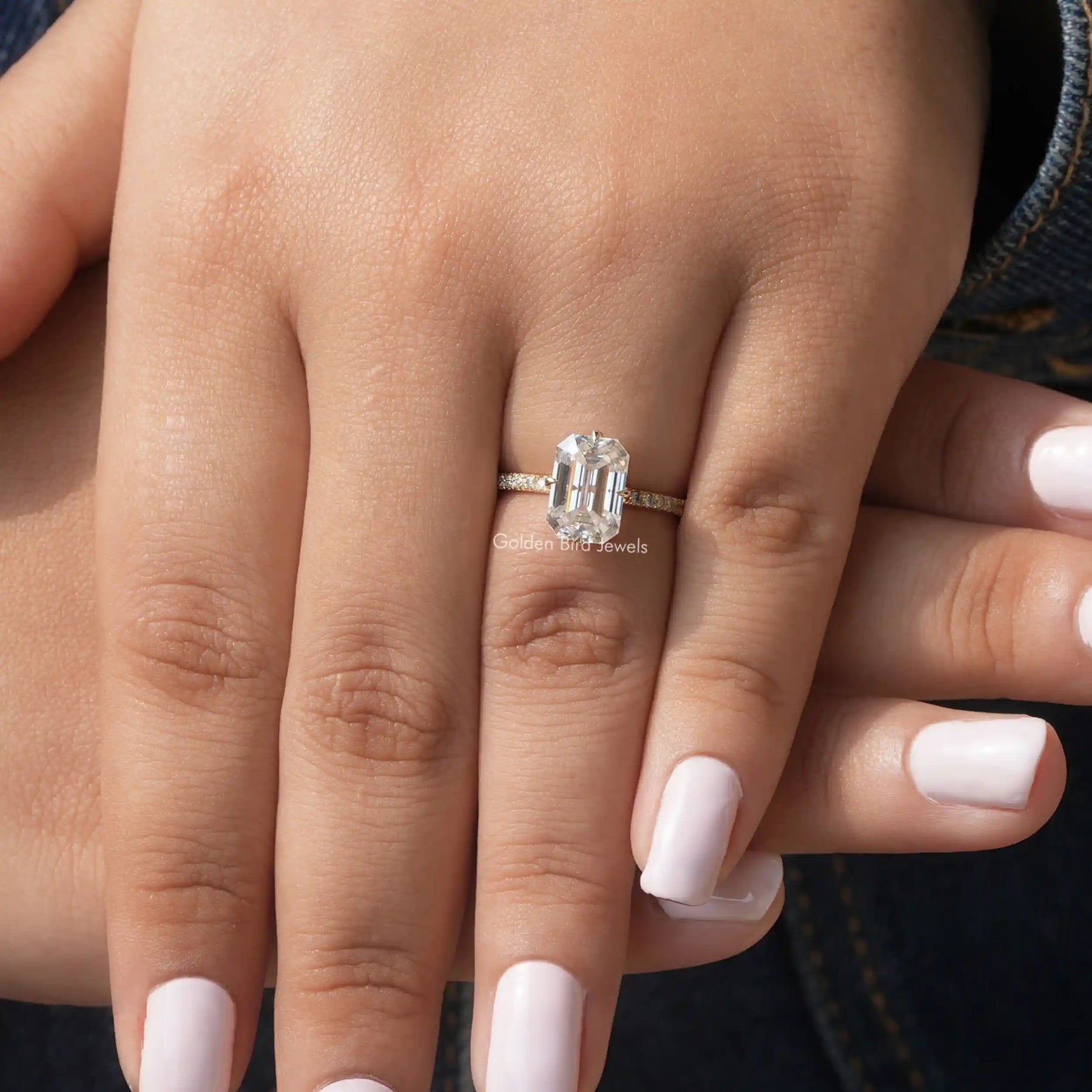 [Emerald Cut Moissanite Engagement Ring]-[Golden Bird Jewels]