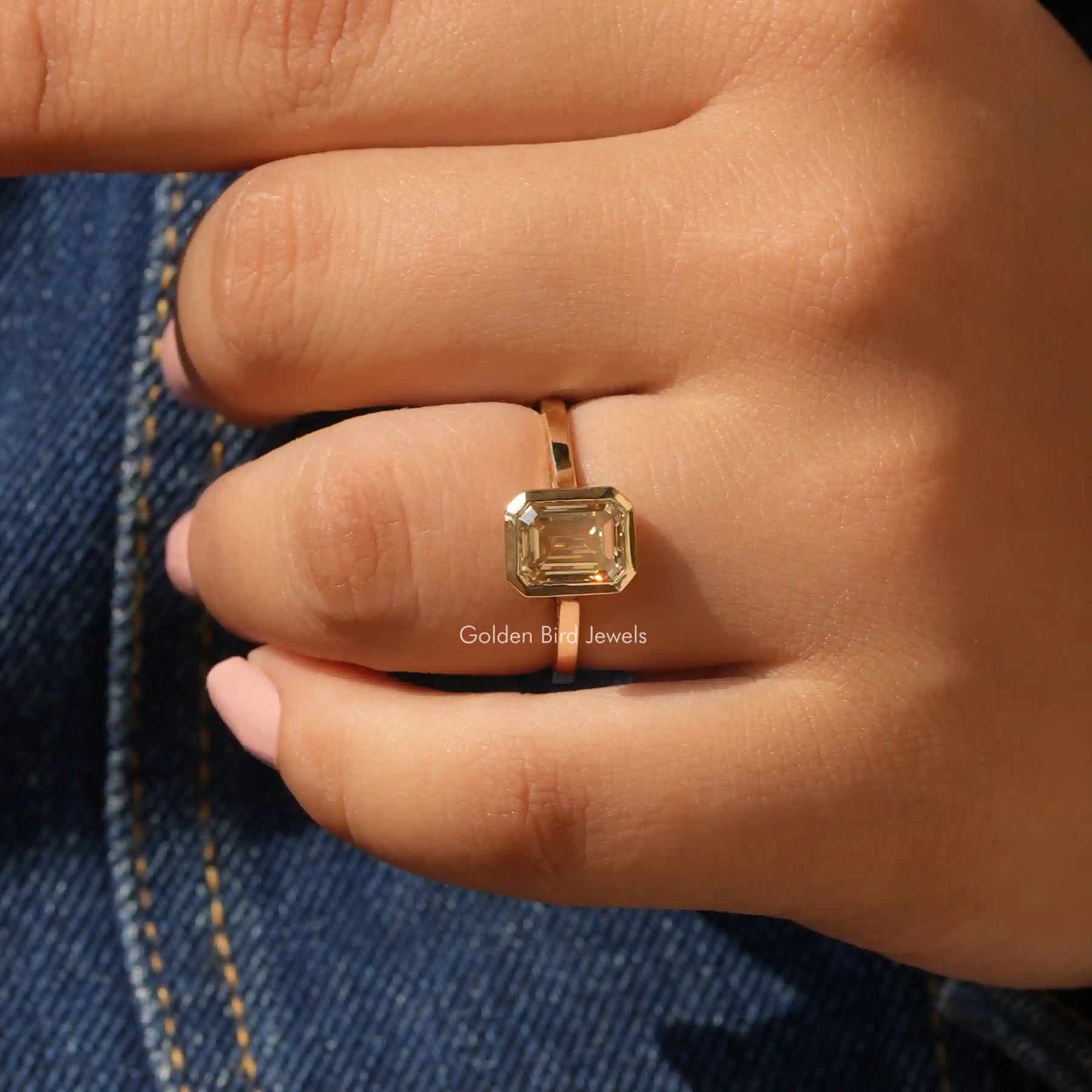 [Bezel Set Emerald Cut Moissanite Ring]-[Golden Bird Jewels]
