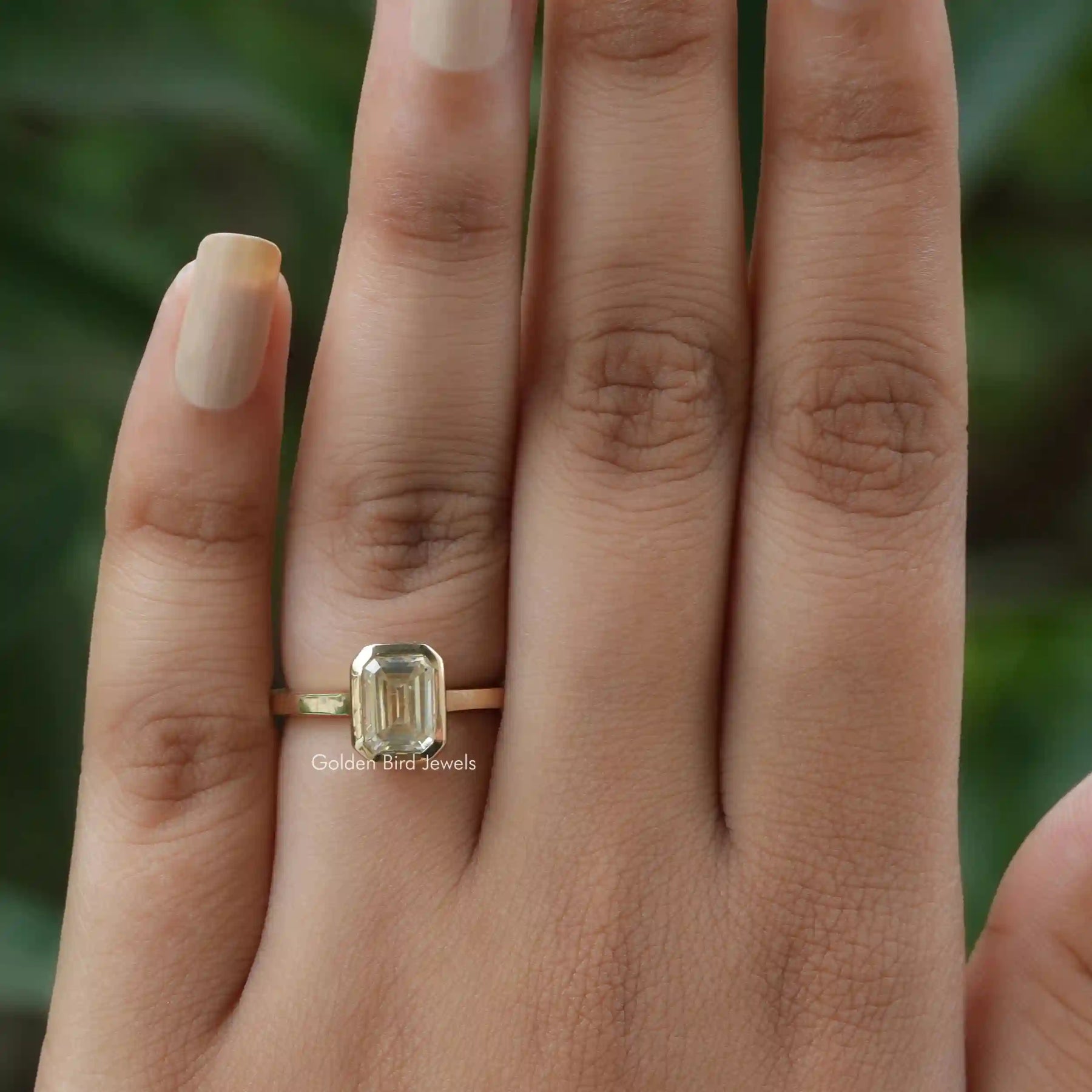 [Solitaire Emerald Cut Moissanite Bezel Set Engagement Ring]-[Golden Bird Jewels]