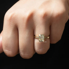 [Off White Emerald Cut Bezel Set Moissanite Engagement Ring]-[Golden Bird Jewels]