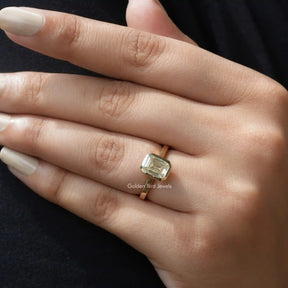[Emerald Cut Moissanite Engagement Ring Set In Bezel Setting]-[Golden Bird Jewels]