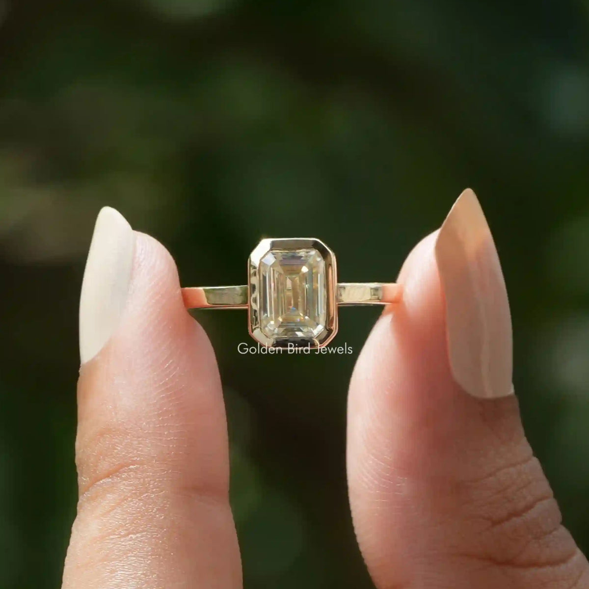 [Bezel Set Moissanite Emerald Cut Yellow Gold Ring]-[Golden Bird Jewels]