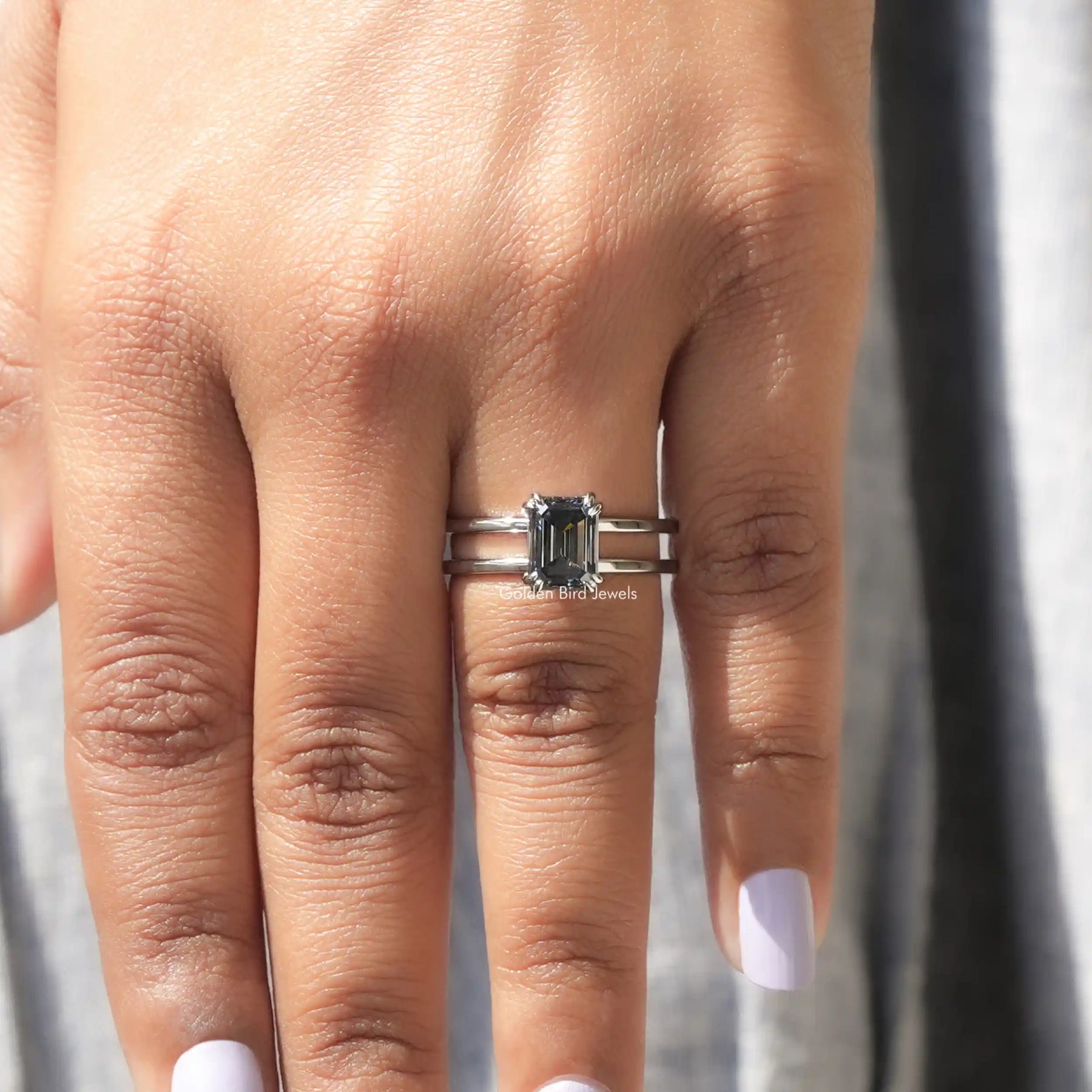 Gray Emerald Shaped Moissanite Engagement Ring