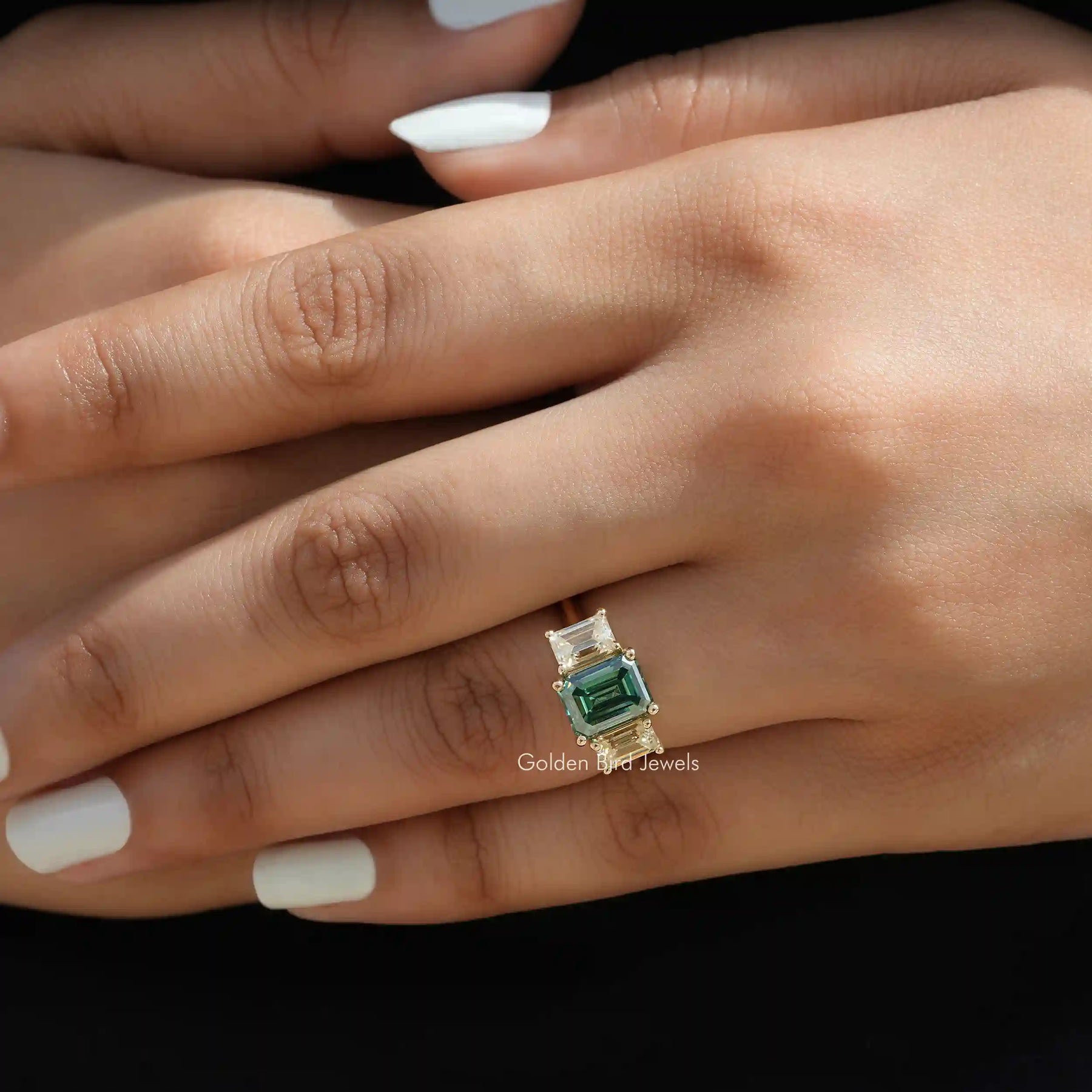 [Moissanite Emerald Cut Three Stone Ring]-[Golden Bird Jewels]