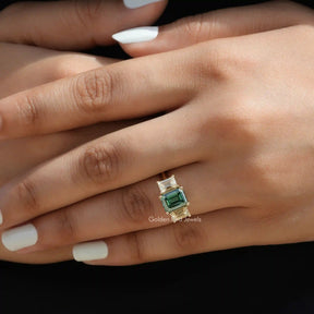 [In finger emerald cut moissanite 3 stone engagement ring]-[Golden Bird Jewels]