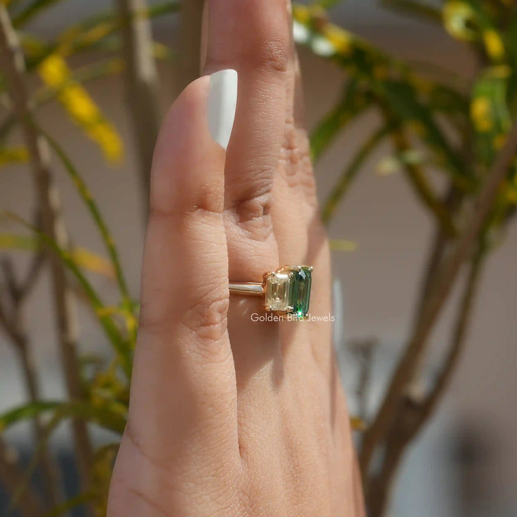 [Moissanite 3 stone engagement ring made of emerald cut stones]-[Golden Bird Jewels]