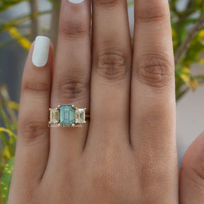 [This moissanite 3 stone ring made of 14k yellow gold]-[Golden Bird Jewels]