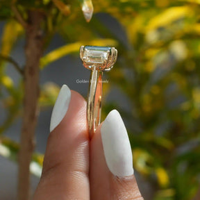 [14K Yellow Gold Moissanite Emerald Cut Three Stone Ring]-[Golden Bird Jewels]