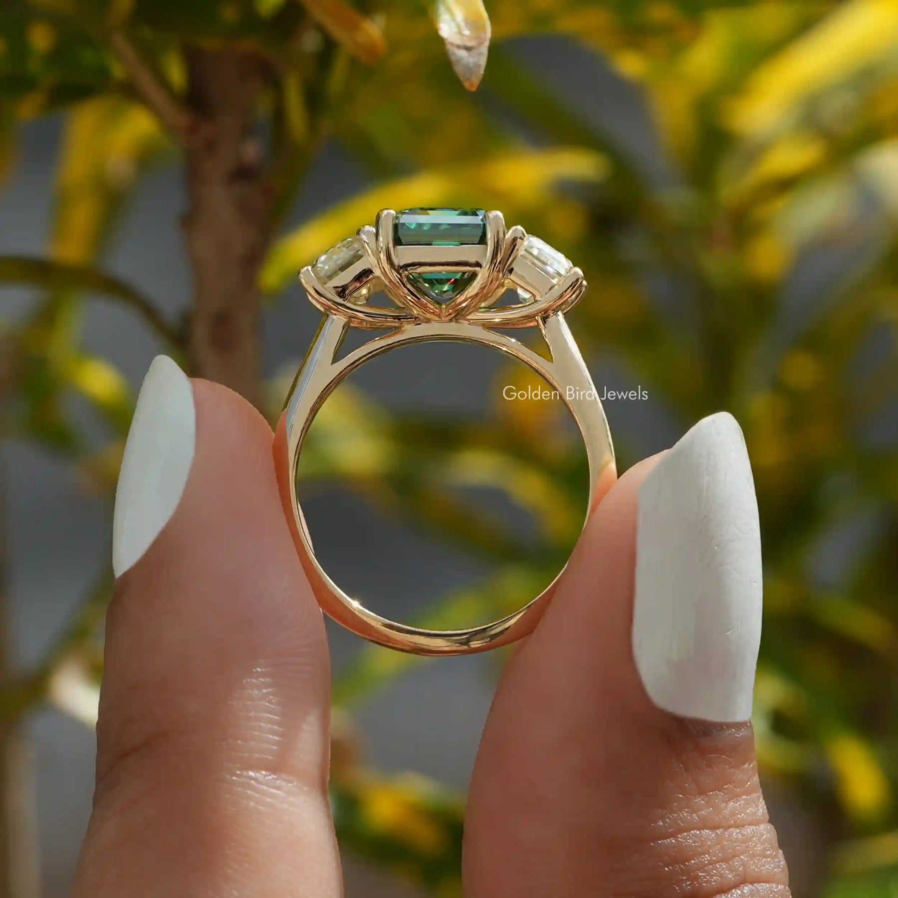 [This 3 stone emerald cut engagement ring set in shank setting]-[Golden Bird Jewels]