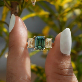 [Moissanite 3 stone ring set in emerald cut stones]-[Golden Bird Jewels]