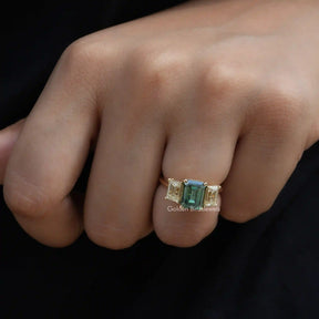 [14K Yellow Gold Green Emerald Cut Moissanite Ring]-[Golden Bird Jewels]