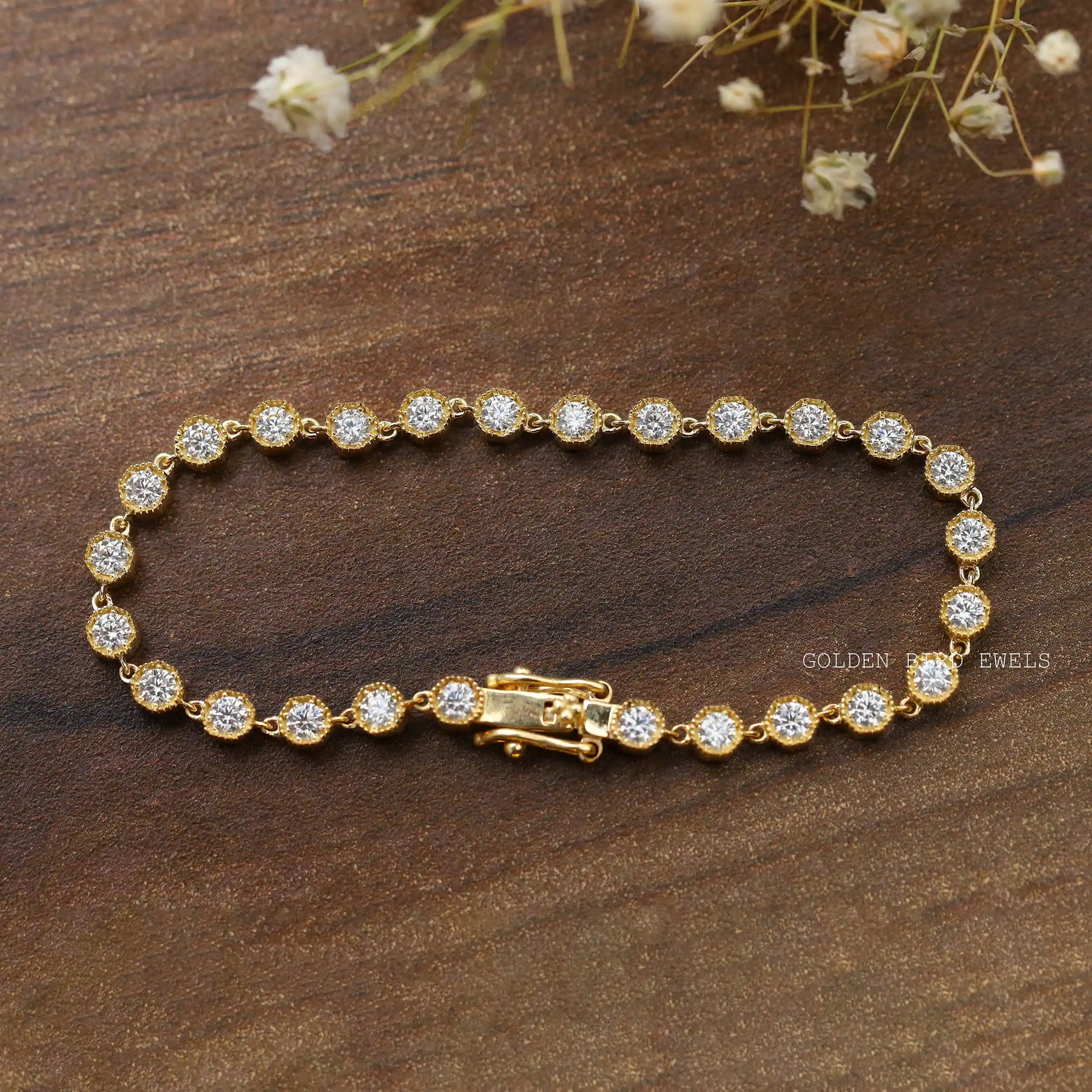 [Front view of round cut tennis bracelet in 14k yellow gold]-[Golden Bird Jewels]