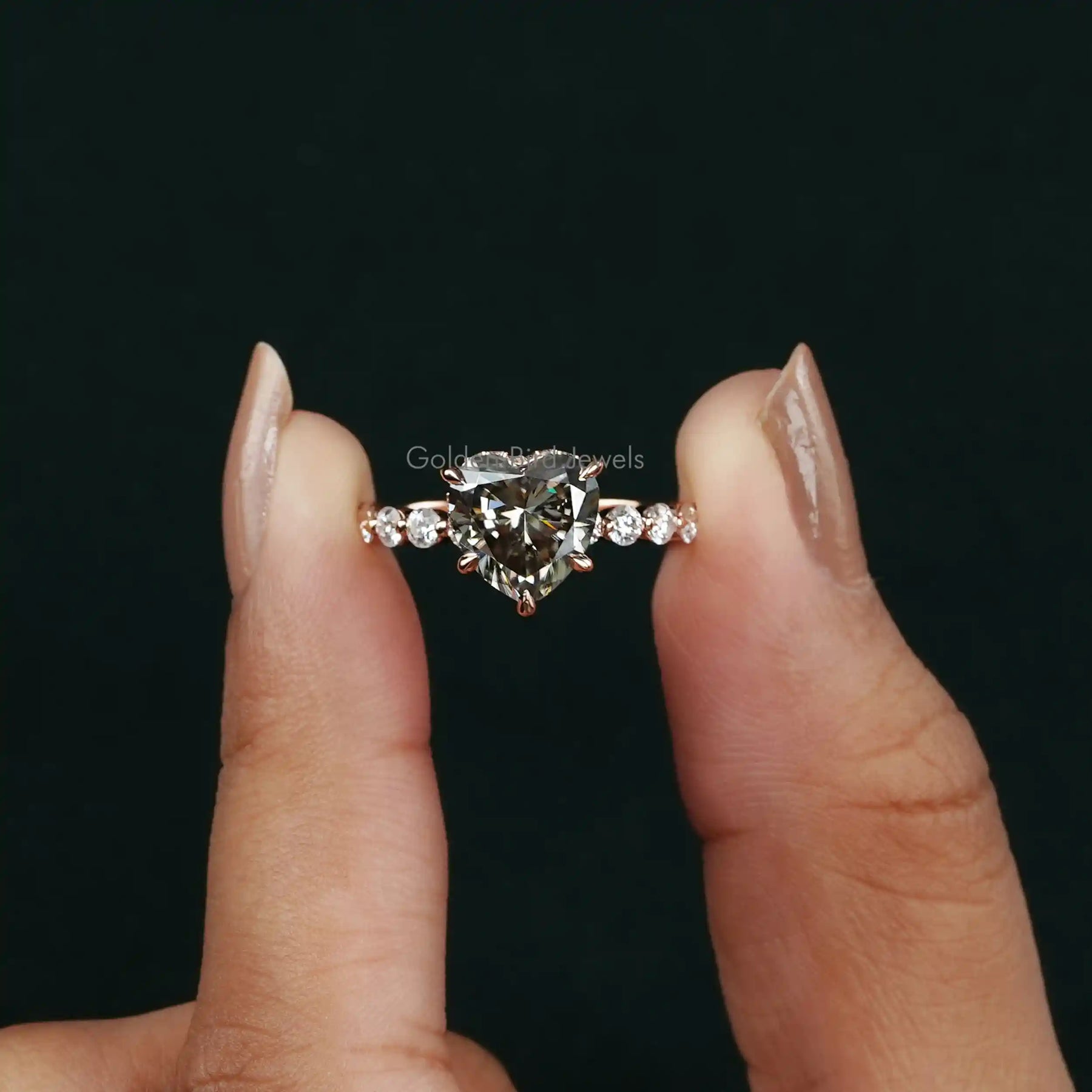 [Heart Cut Moissanite Engagement Ring Crafted With Side Round Cut Stones]-[Golden Bird Jewels]