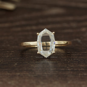 [Front view of portrait cut hexagon moissanite solitaire ring made of prong setting]-[Golden Bird Jewels]