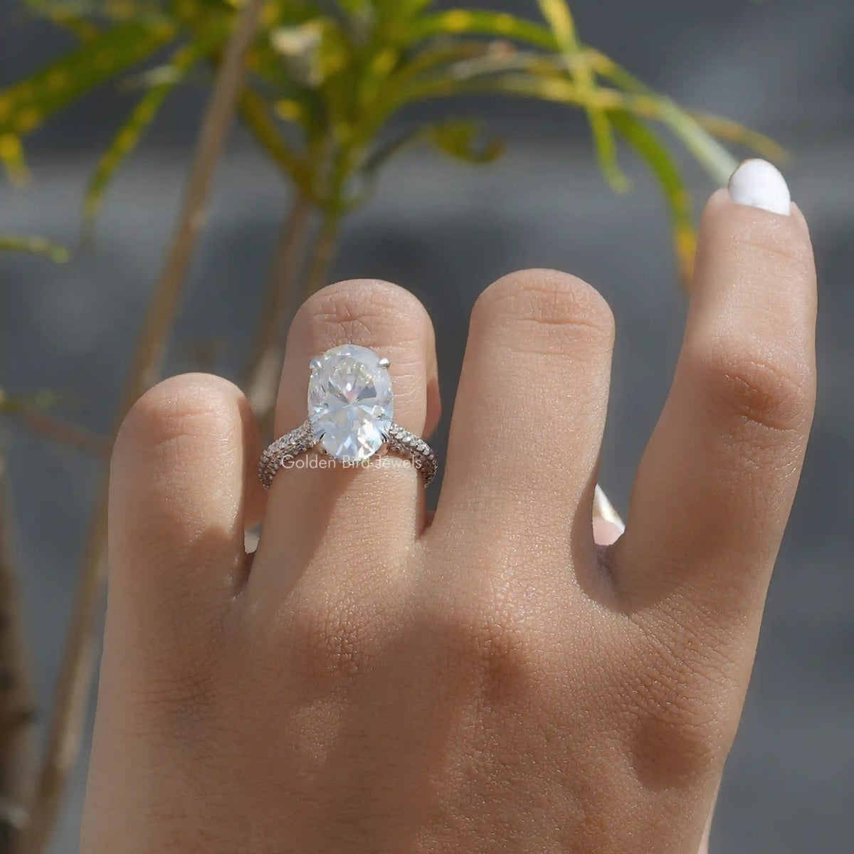 [In Finger a 7.30 Carat Oval Moissanite Hidden Halo Ring]-[Golden Bird Jewels]