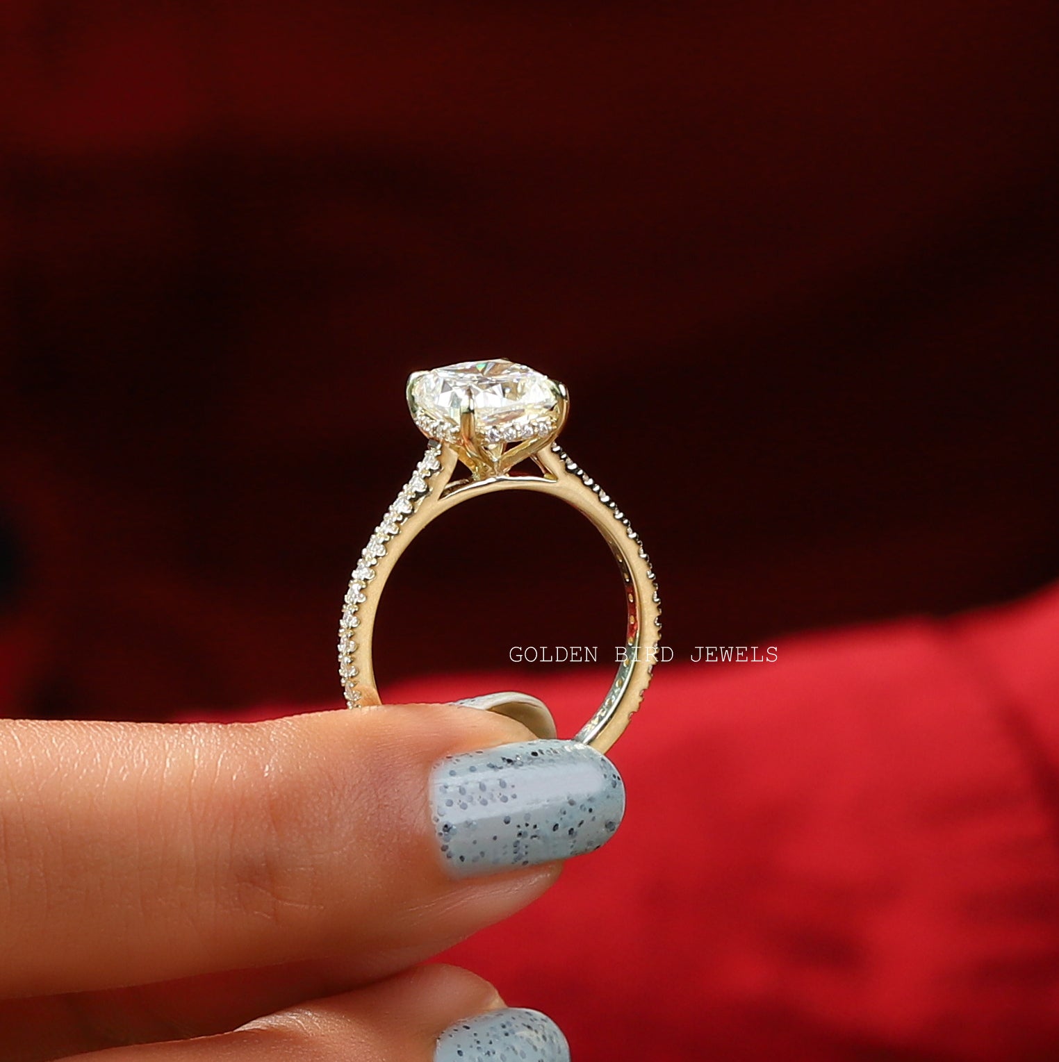 [Side View Of Antique Cushion Cut Moissanite Accent Stone Engagement Ring]-[Golden Bird Jewels]