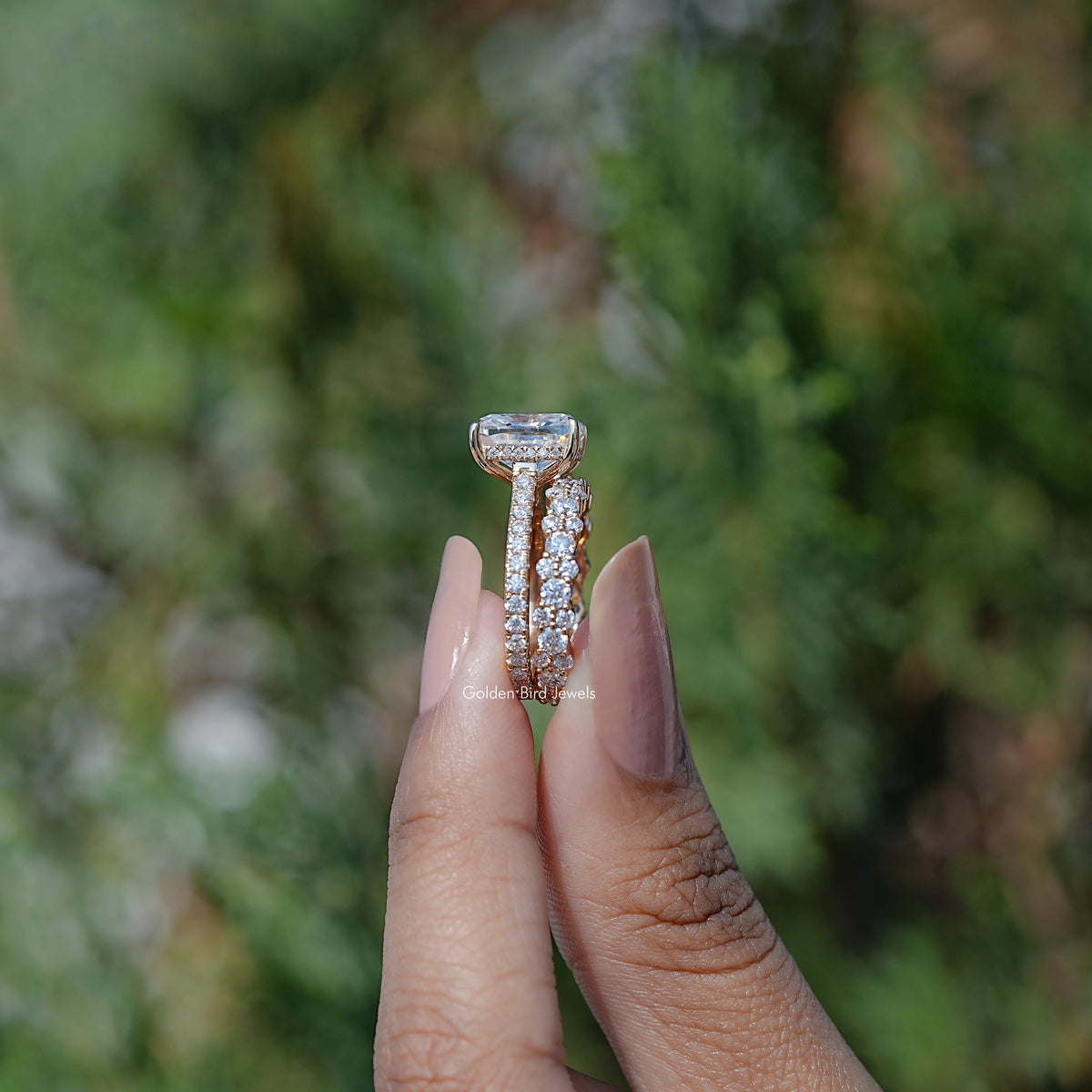 Elongated Cushion Cut Moissanite Ring Set