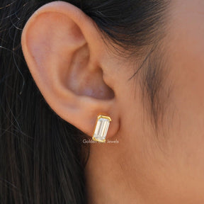 [Emerald cut moissanite earrings crafted with 14k yellow gold]-[Golden Bird Jewels]