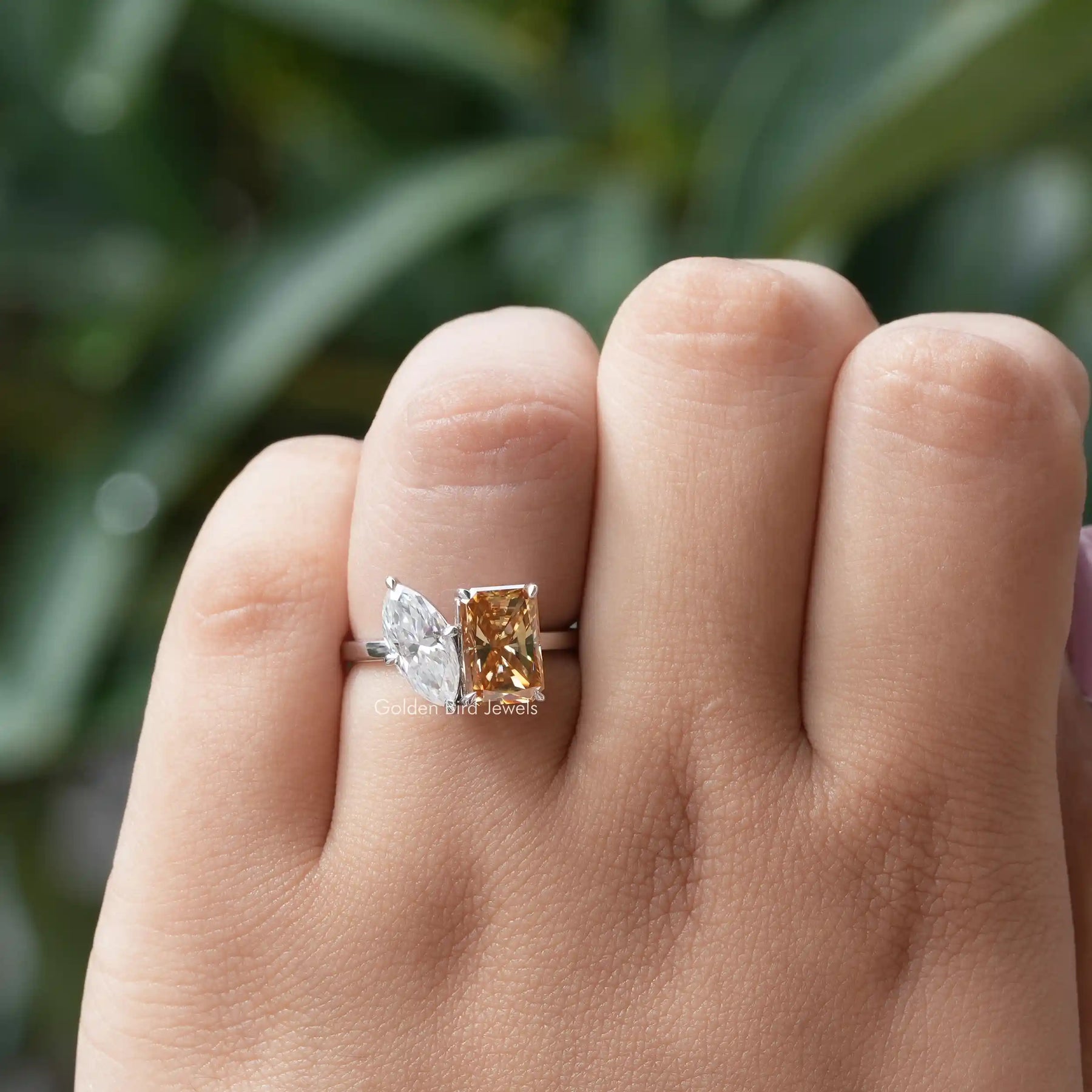 [Moissanite Marquise And Radiant Cut Engagement Ring]-[Golden Bird Jewels]
