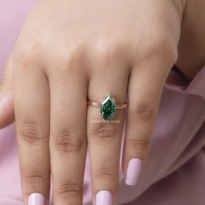 [In finger front view of moissanite msrquise cut solitaire engagement ring]-[Golden Bird Jewels]