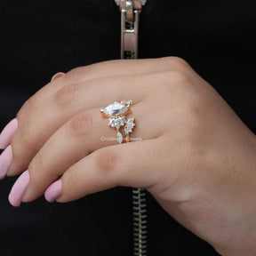 Detailed View Of Marquise Cut Moissanite Engagement Ring In Yellow Gold