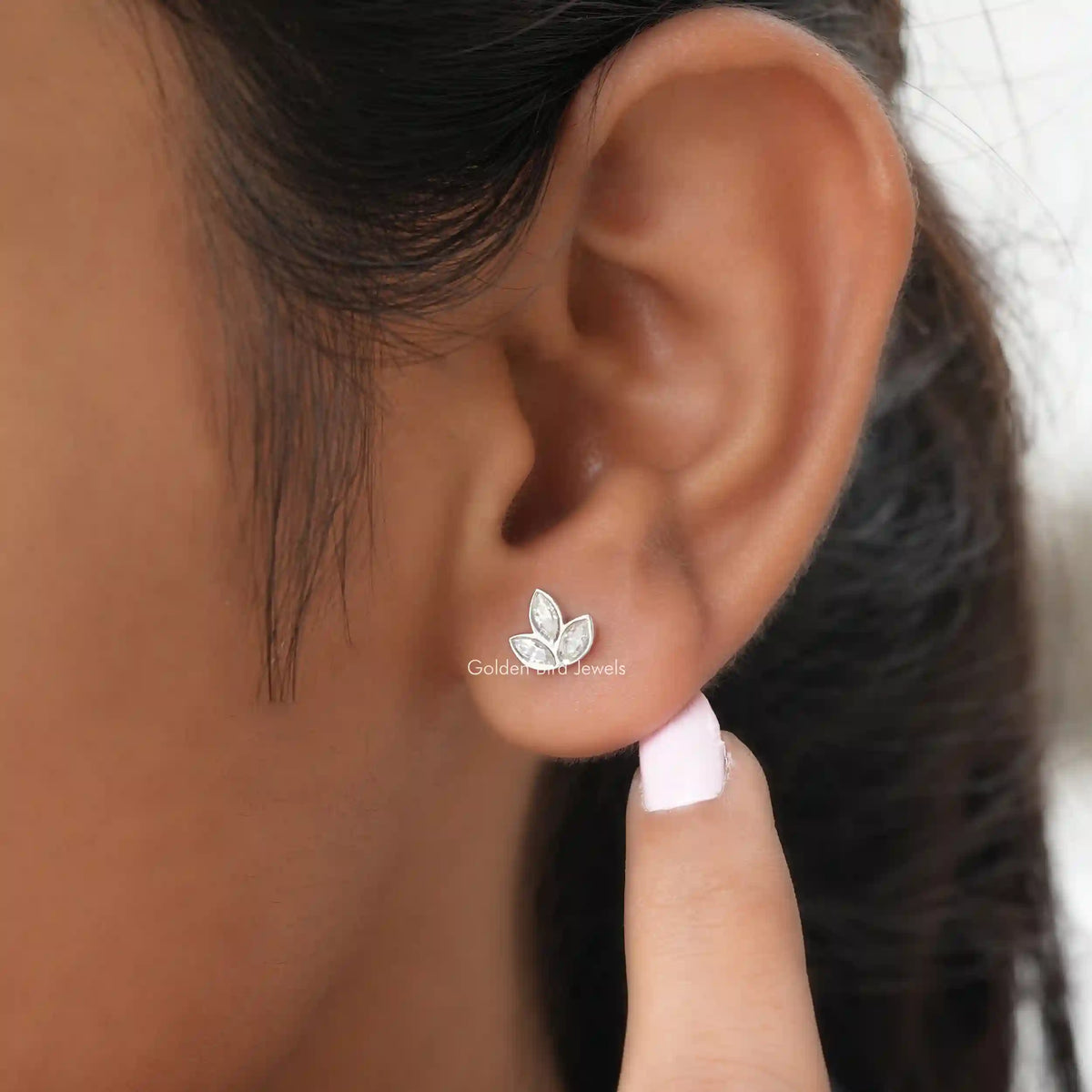 [In ear front view of moissanite marquise cut earrings]-[Golden Bird Jewels]