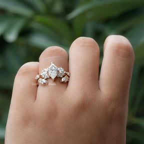 [In finger front view of dutch marquise cut ring set]-[Golden Bird Jewels]