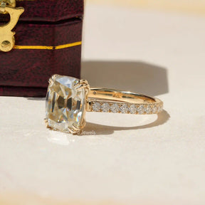 [Side view of old mine cushion cut engagement ring made of side round cut stones]-[Golden Bird Jewels]