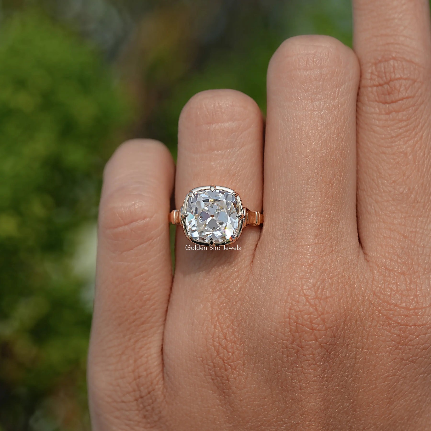 Moissanite Old Mine Cushion Solitaire Engagement Ring