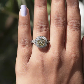 Yellow Old Mine Cushion Moissanite Halo Accent Ring