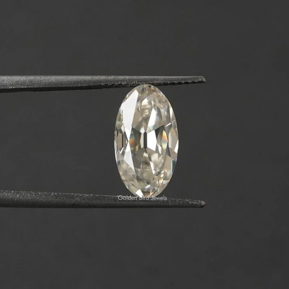 [In twizzer front view of old mine moval cut loose moissanite]-[Golden Bird Jewels]