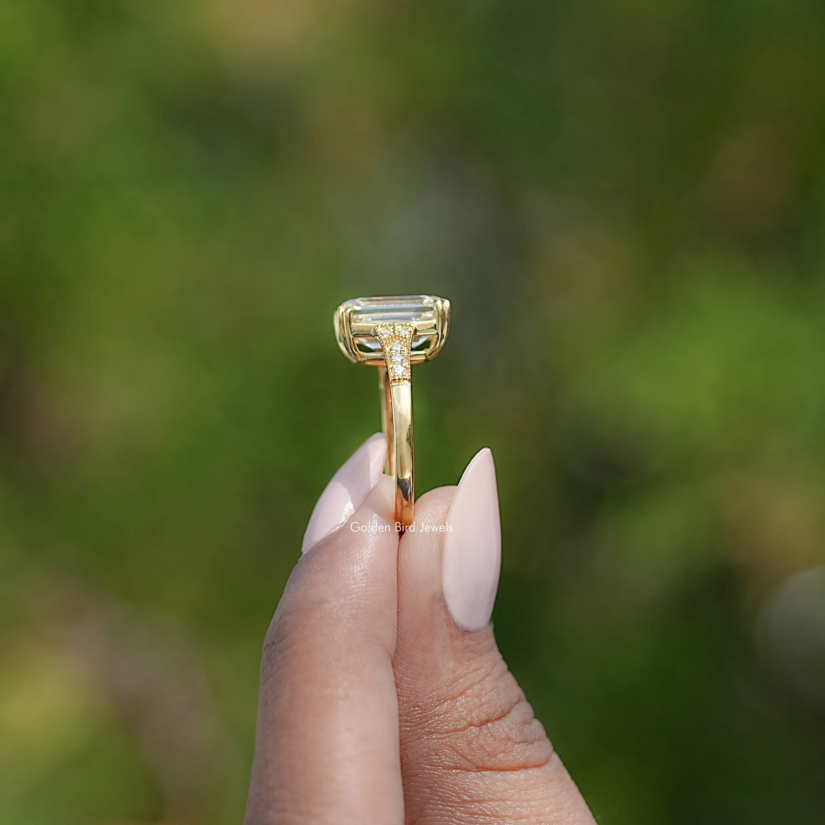 Old Mine Emerald Cut Moissanite Accent Stone Ring