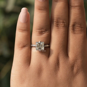 [In finger front view of princess cut moissanite ring made of vvs clarity]-[Golden Bird Jewels]