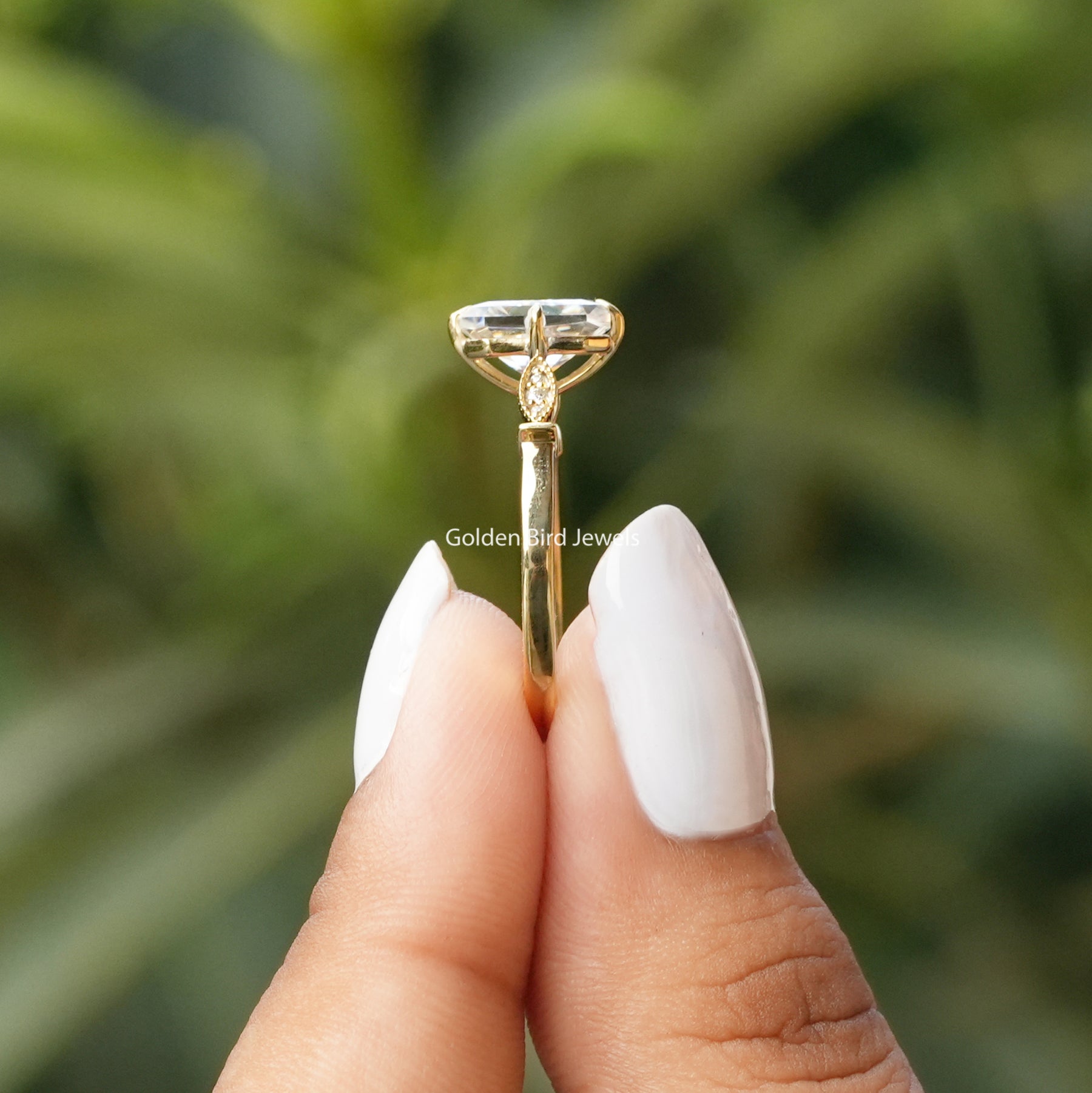 [Side view of moissanite old mine radiant cut engagement ring in 14k yellow gold]-[Golden Bird Jewels]